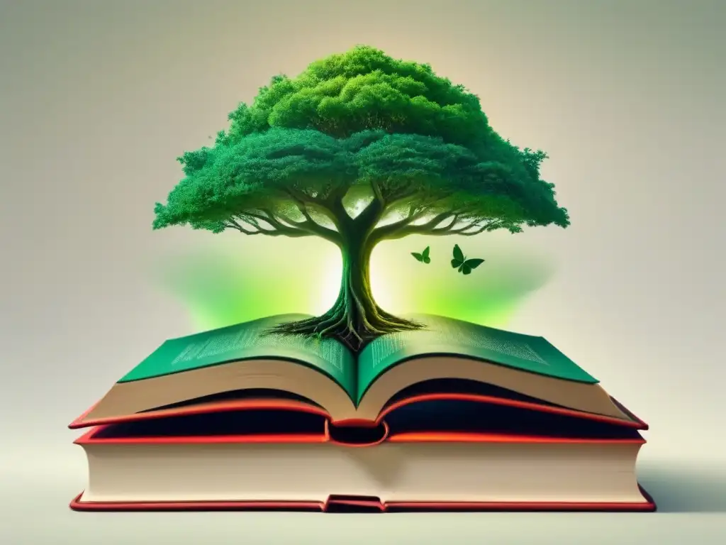 Un árbol verde vibrante crece desde un libro, conectando literatura con conciencia ambiental