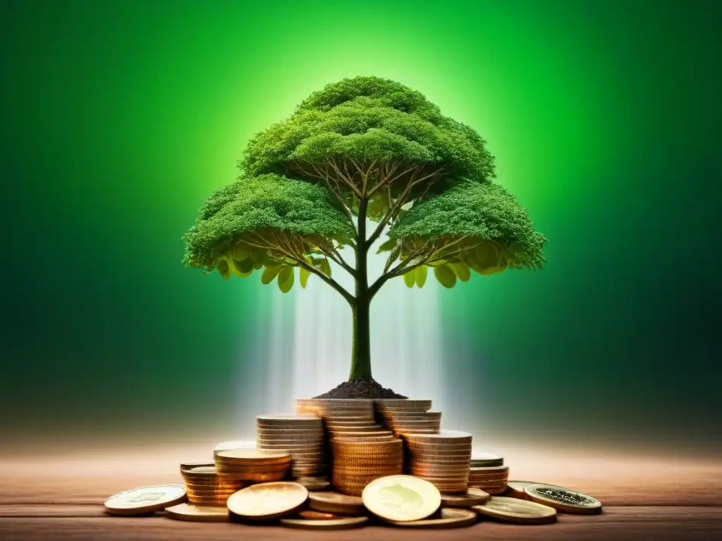 Un árbol verde vibrante crece desde monedas, simbolizando apoyo financiero a empresas sostenibles