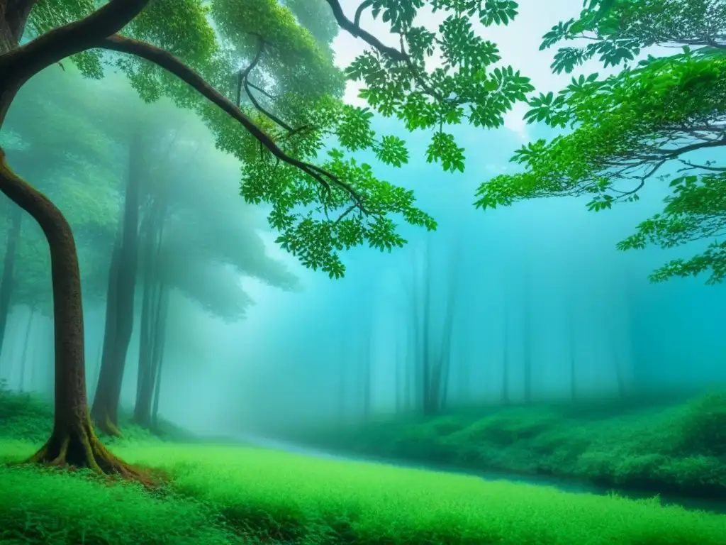 Árbol vibrante en un bosque verde, cielo azul claro