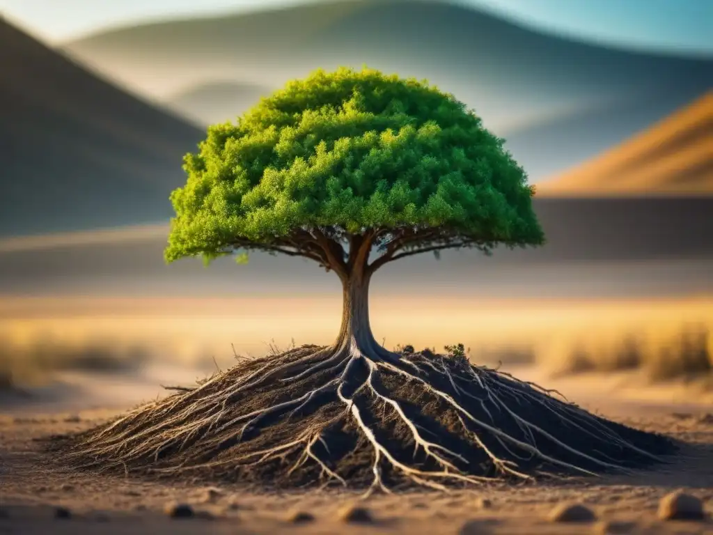 Un árbol crece vigoroso en un paisaje árido, simbolizando el impacto positivo de la educación ambiental comunitaria