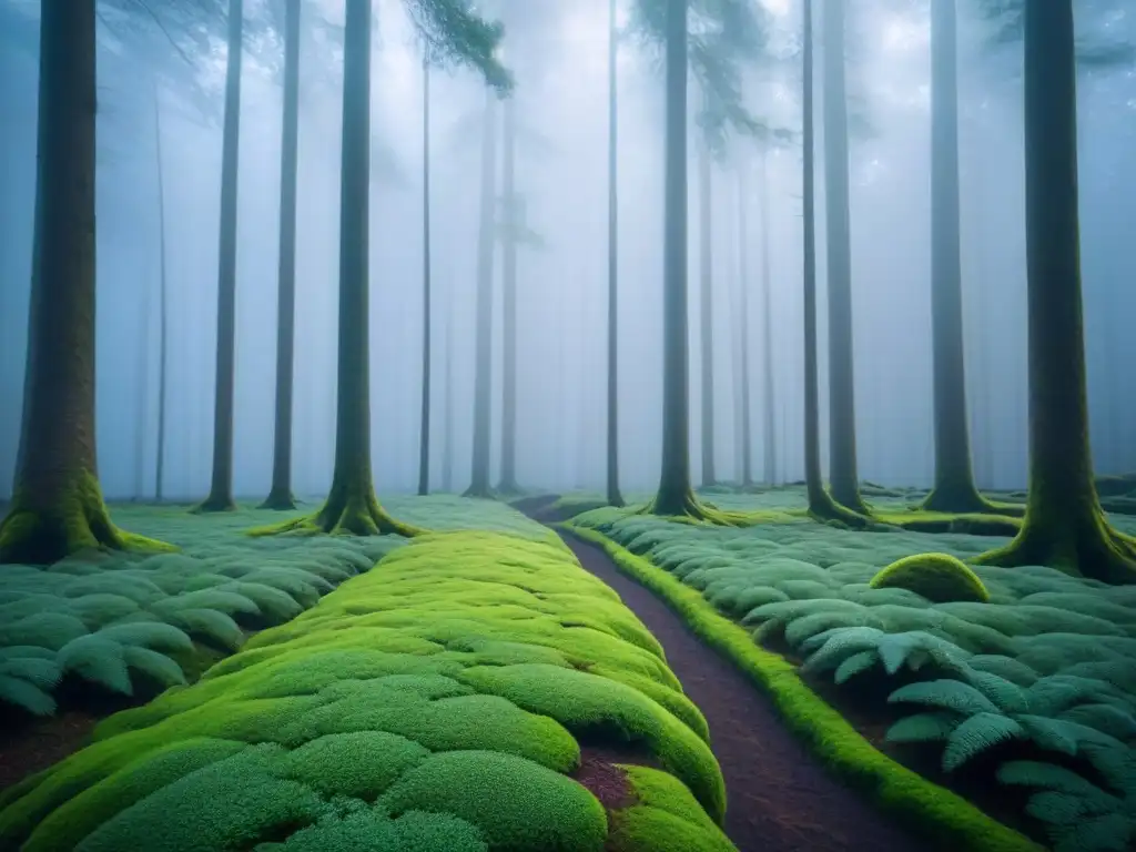 Bosque virgen con árboles altos en simetría bajo cielo azul