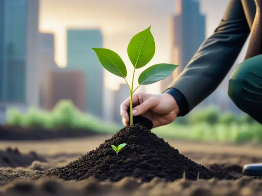 Plantar árboles en ciudad: Plantación cuidadosa de un pequeño árbol en entorno urbano, simbolizando la armonía entre naturaleza y ciudad