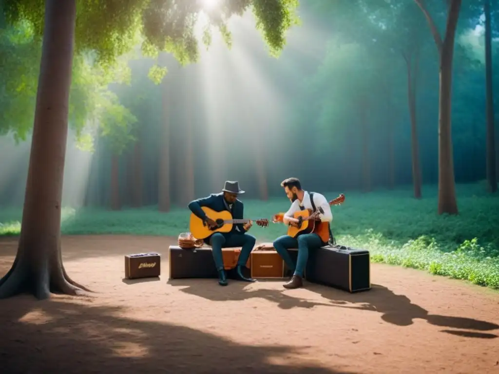 Música para plantar árboles sostenible: Músicos tocando bajo un árbol en un bosque vibrante