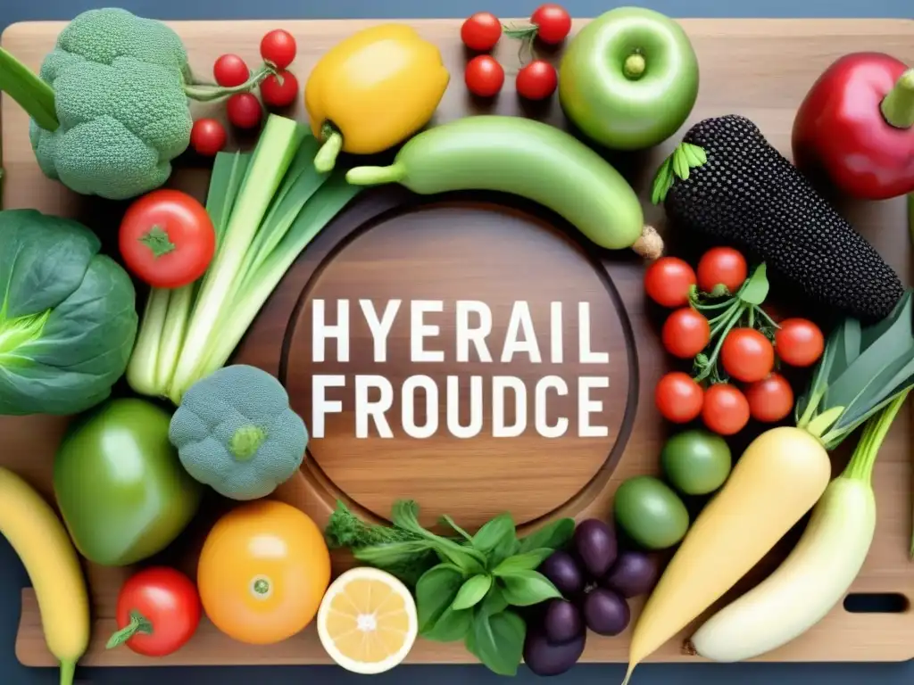 Abundancia de alimentos frescos: arte sostenible en madera Un arcoíris de frutas y verduras frescas en círculo sobre tabla de madera