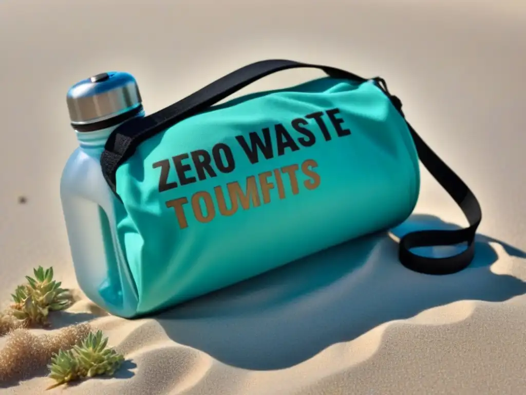 Arena blanca y agua turquesa cristalina en playa sostenible, con mensaje 'Turismo sostenible zero waste'