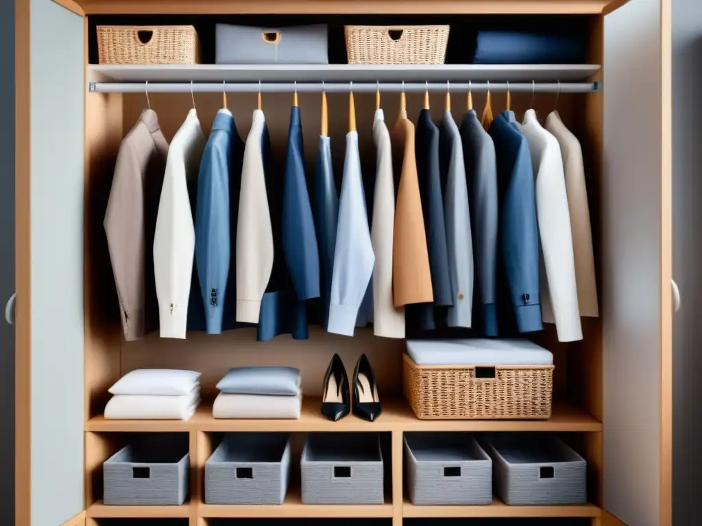 Armario sostenible reciclar: Imagen de un armario minimalista organizado con ropa reciclada en tonos neutros y soluciones de almacenamiento ecológicas