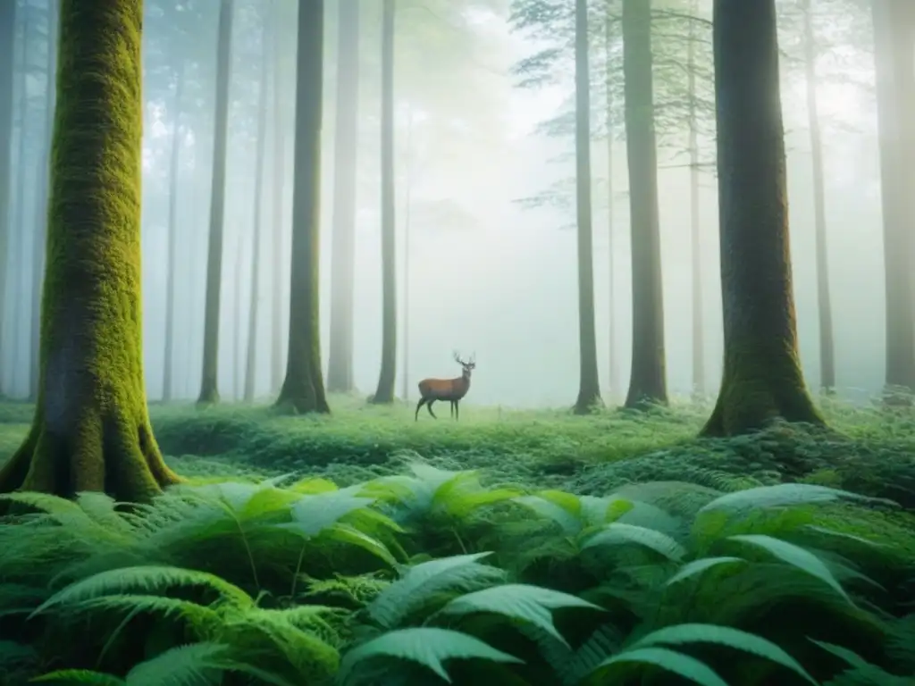 Armonía en la intersección arte ecología sostenible: fauna y flora conviven en un bosque verde sereno