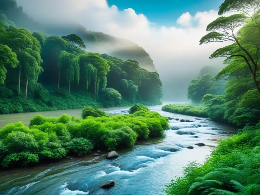 Armonía y belleza en un bosque verde con río sereno, reflejando cielo azul y nubes blancas