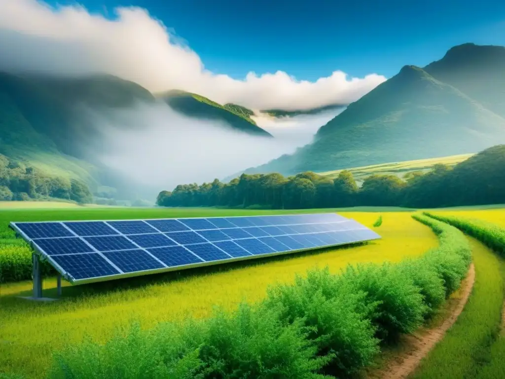 Armonía entre energía solar y naturaleza: paneles solares brillantes en paisaje verde y cielo azul