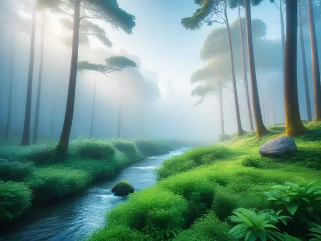 Armonía natural en un bosque sereno, con vida silvestre diversa, árboles frondosos y un arroyo tranquilo