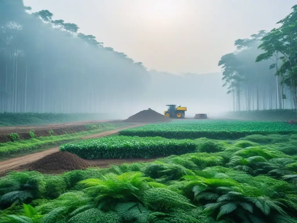 La armonía natural interrumpida por residuos de construcción, simbolizando desafíos ambientales y sociales