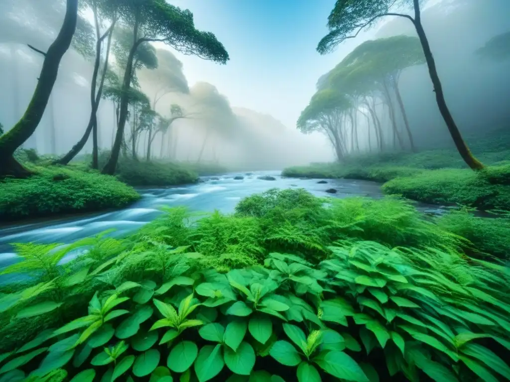 Armonía natural: bosque verde con vida silvestre, río brillante y cielo azul