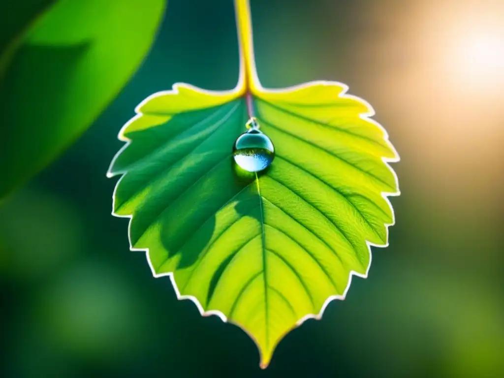 Armonía en la naturaleza: gota de agua en hoja verde con luz suave