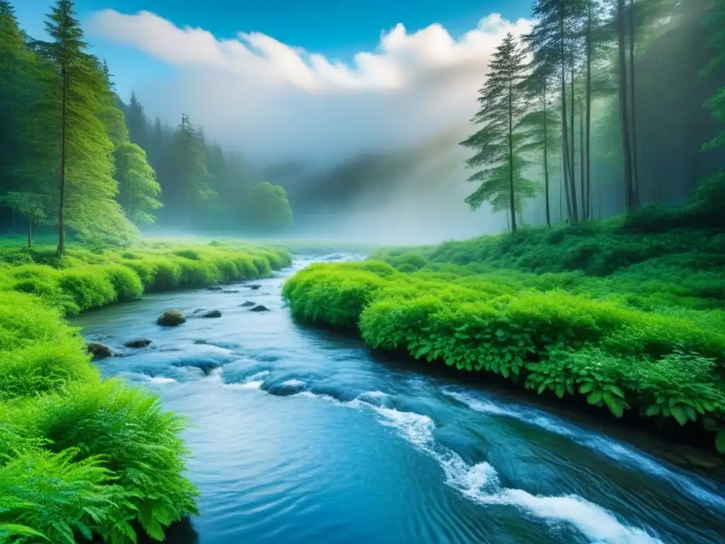 Armonía de la naturaleza: bosque verde con arroyo cristalino bajo cielo azul