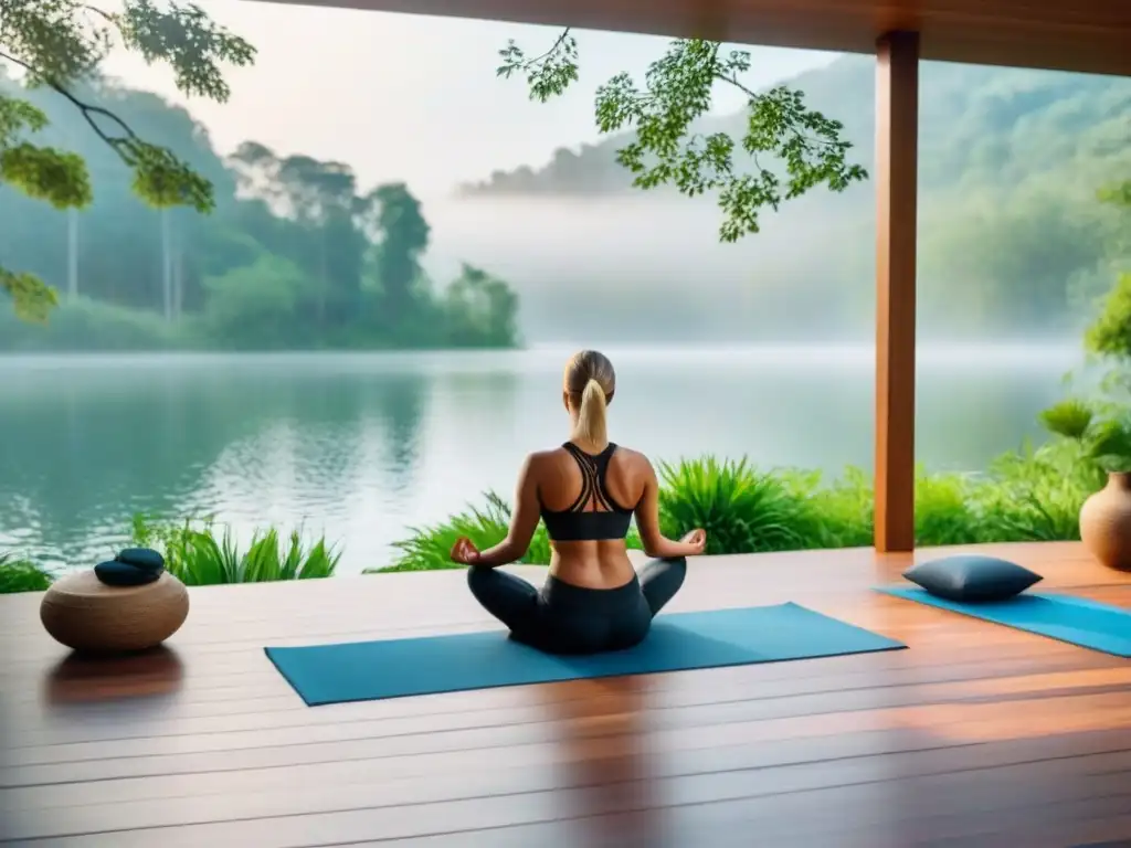 'Armonía en retiro de bienestar sostenible: yoga junto al lago en eco-arquitectura en bosque verde'