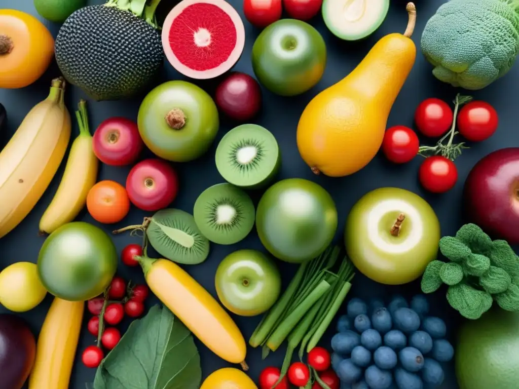 Una armoniosa composición de frutas y verduras frescas y vibrantes, simbolizando salud y alternativas naturales a los conservantes alimentarios