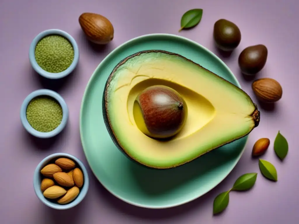 Una armoniosa composición de grasas saludables como aguacates, nueces y aceite de oliva en un fondo pastel