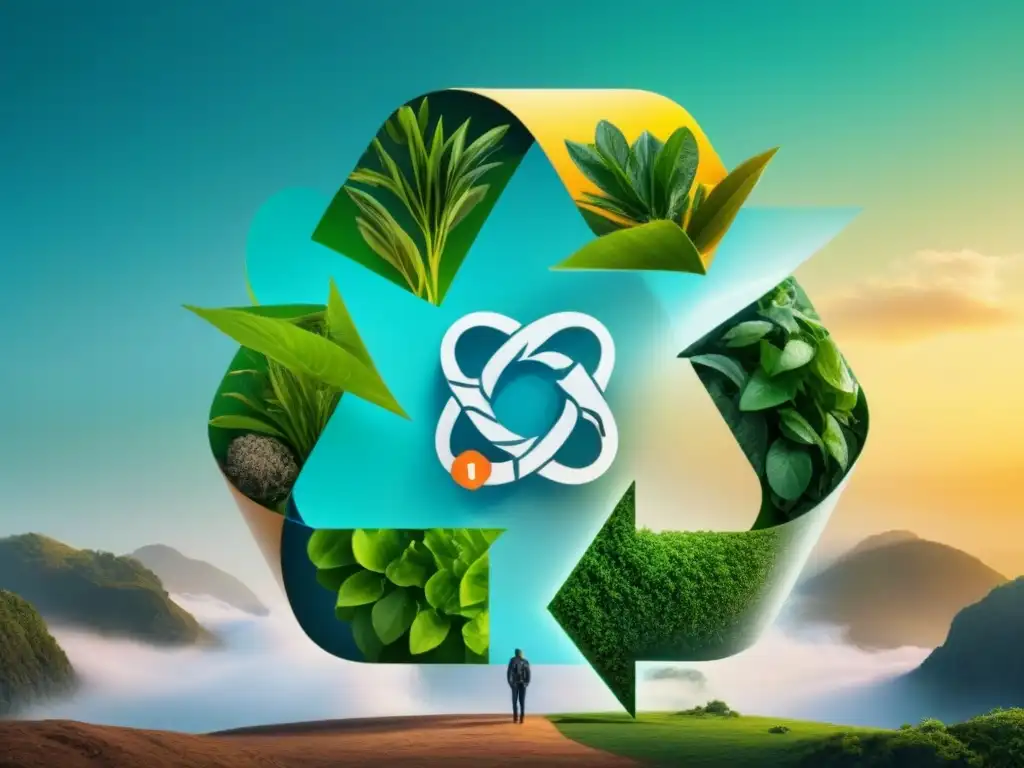 Interacción armoniosa entre la economía circular y la biodiversidad: ecosistema vibrante con plantas, animales y símbolos de reciclaje