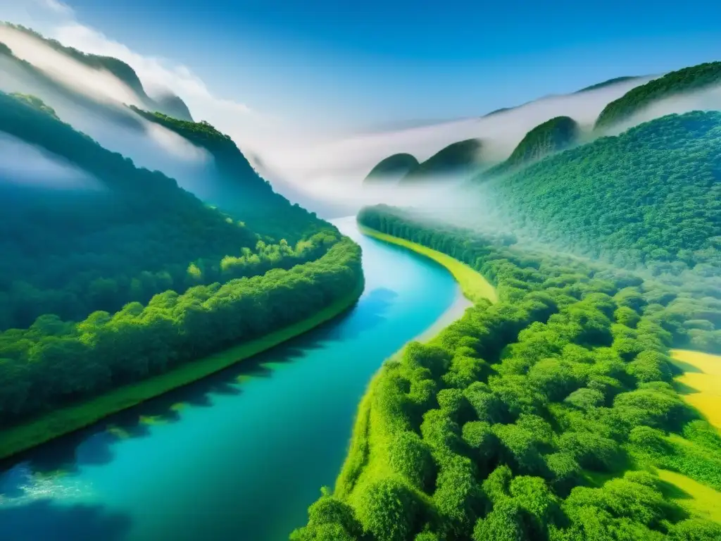 Armoniosa gestión sostenible de recursos naturales en un bosque verde con río, bajo cielo azul sereno