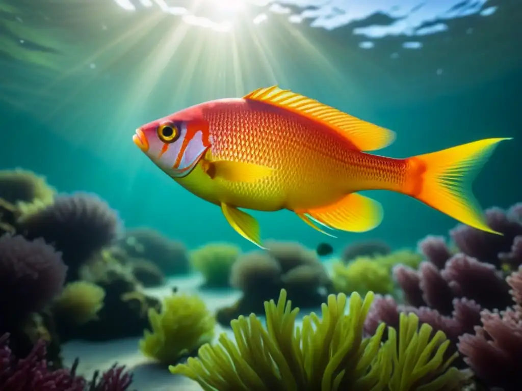 Un armonioso cardumen de peces coloridos nada grácilmente en aguas cristalinas, rodeado de algas verdes y corales delicados bajo la luz del sol