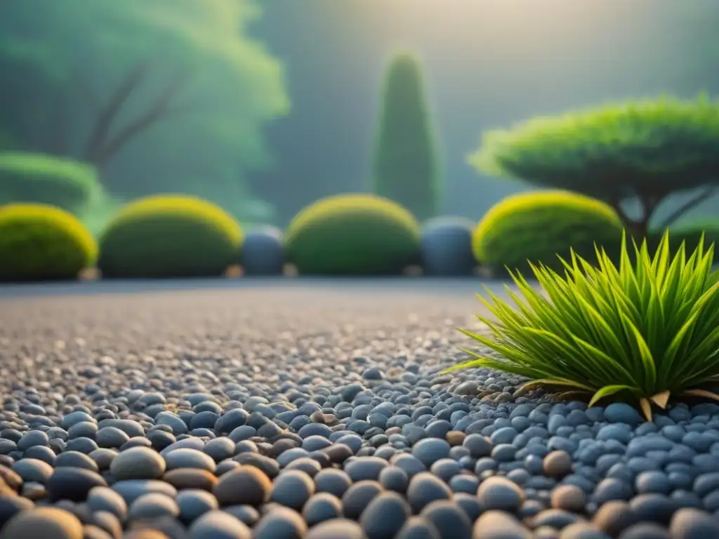 Armonioso jardín japonés con rocas, grava y plantas verdes, transmite paz y equilibrio