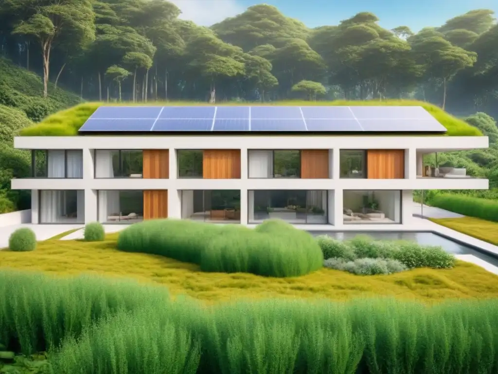 Diseño arquitectónico sostenible eficiencia energética con luz natural, techo verde y paneles solares, rodeado de vegetación exuberante