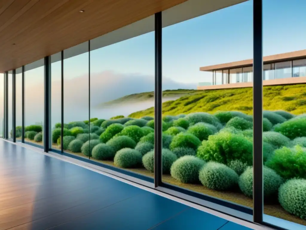 Arquitectura bioclimática en un edificio sostenible rodeado de vegetación bajo un cielo azul claro