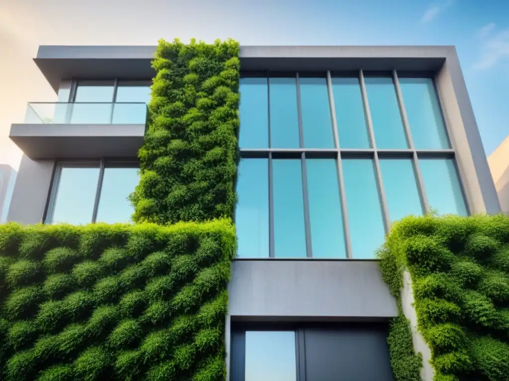 Arquitectura moderna con integración biodiversa: edificio de cristal y concreto rodeado de exuberante vegetación