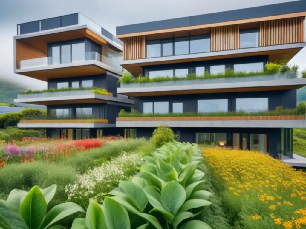 Arquitectura moderna integrada en biodiversidad: edificio ecológico rodeado de naturaleza exuberante