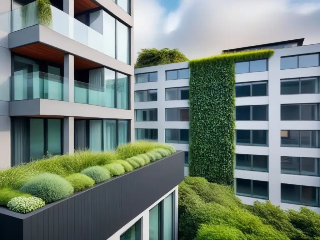 Arquitectura verde: tendencias sostenibles en un edificio moderno con vegetación integrada en fachada y techo, fusionando naturaleza y arquitectura