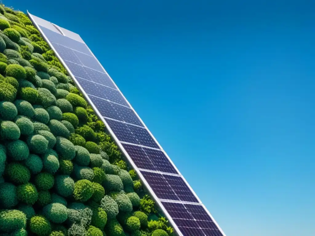 Arquitectura verde: tendencias sostenibles en un edificio futurista con paneles solares y jardines verticales, bajo un cielo azul