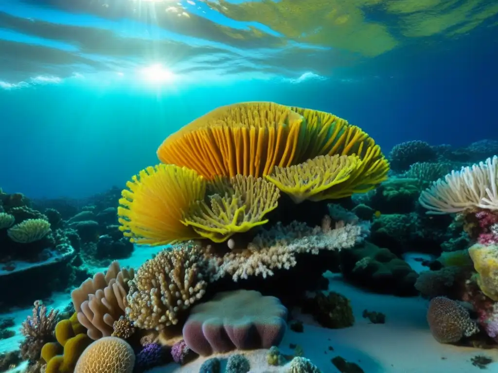 Un arrecife de coral submarino lleno de vida marina colorida y esponjas marinas ecológicas sostenibles