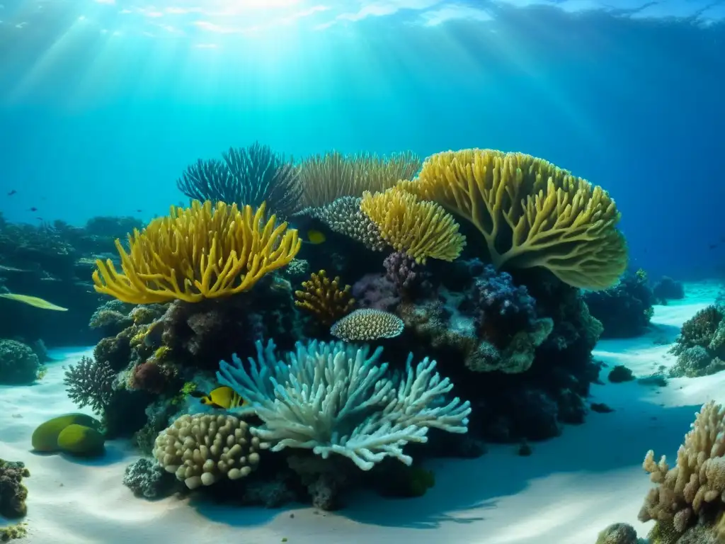 Un arrecife de coral vibrante y diversa vida marina en un escenario submarino sereno