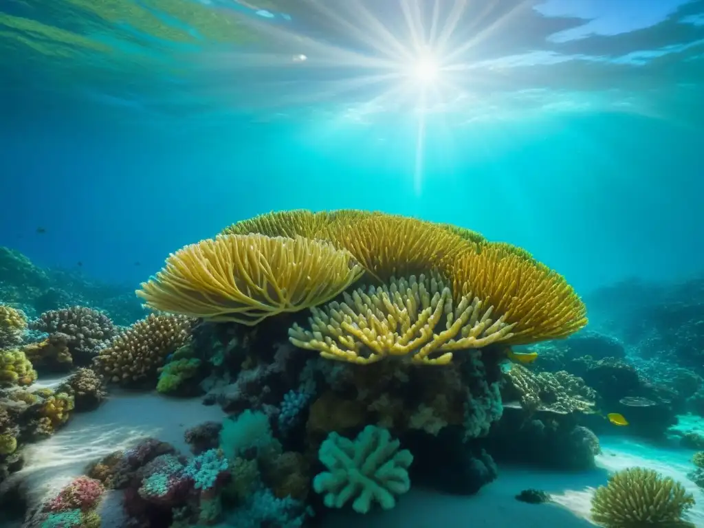 Un arrecife de coral vibrante lleno de peces coloridos bajo el agua turquesa cristalina