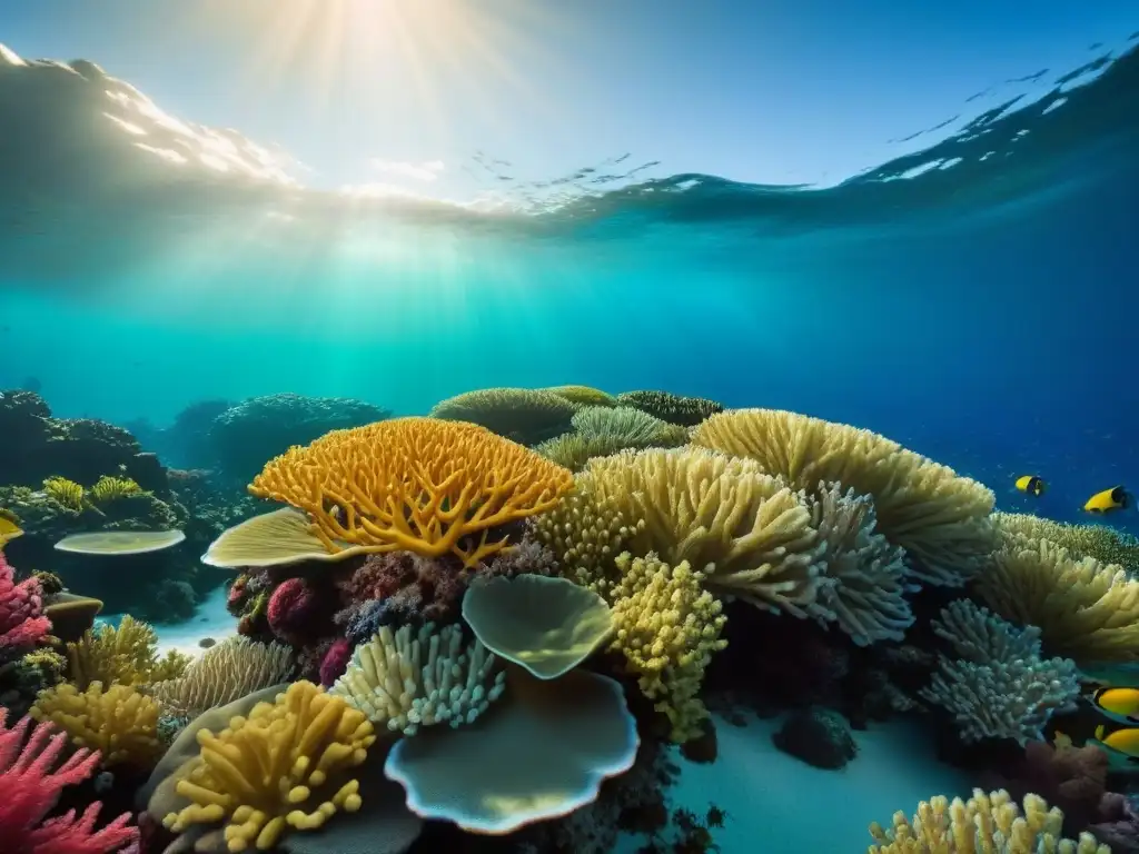 Un arrecife de coral vibrante lleno de vida marina colorida en un océano cristalino