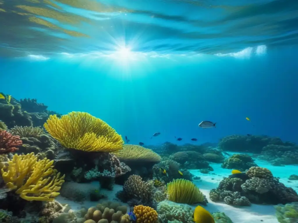 Un arrecife de coral vibrante lleno de peces coloridos bajo el agua cristalina