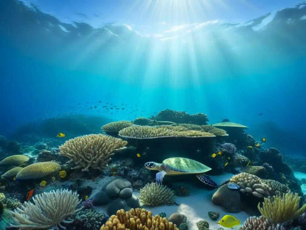 Un arrecife de coral vibrante lleno de vida marina, reflejando la luz del sol en el fondo marino