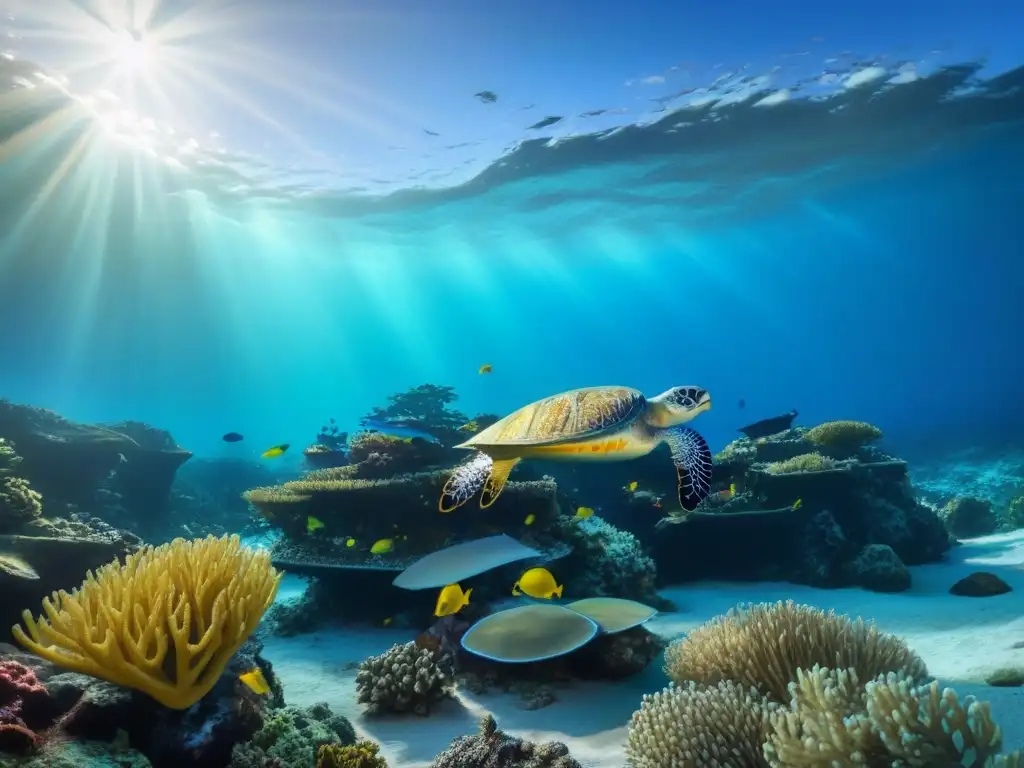 Un arrecife de coral vibrante lleno de vida marina colorida bajo el agua, resaltando la Importancia de los océanos en estilo sostenible