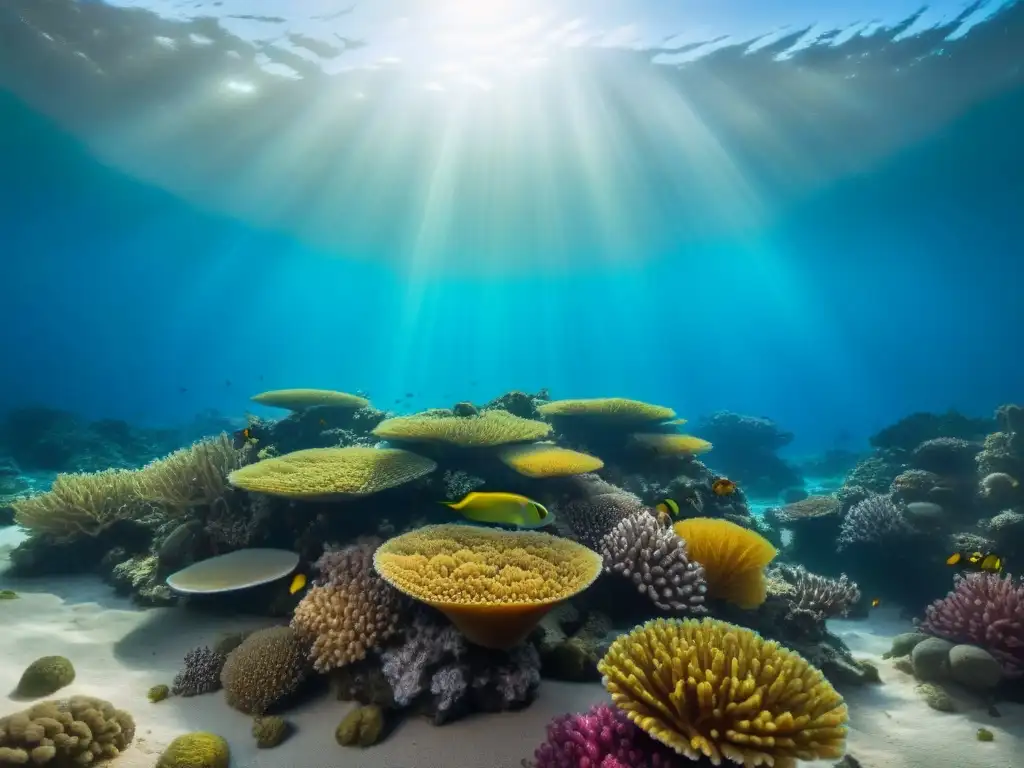 Un arrecife de coral vibrante lleno de vida marina colorida bajo el agua cristalina