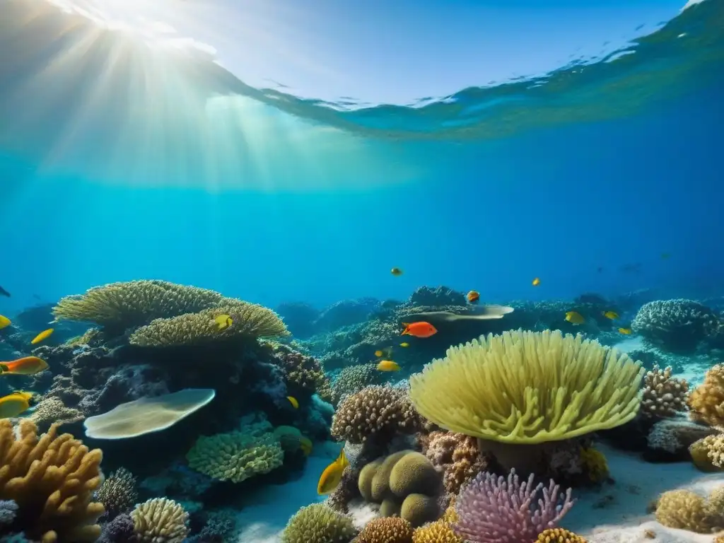 Un arrecife de coral vibrante lleno de peces coloridos y plantas marinas, bajo un cielo soleado