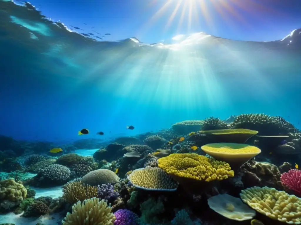 Un arrecife de coral vibrante con peces coloridos y vida marina, bajo aguas cristalinas