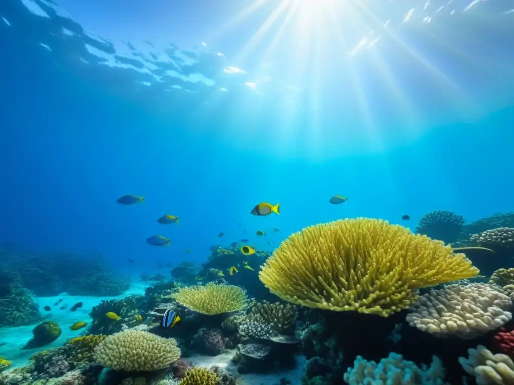 Un arrecife de coral vibrante con peces coloridos y vida marina, bajo aguas cristalinas