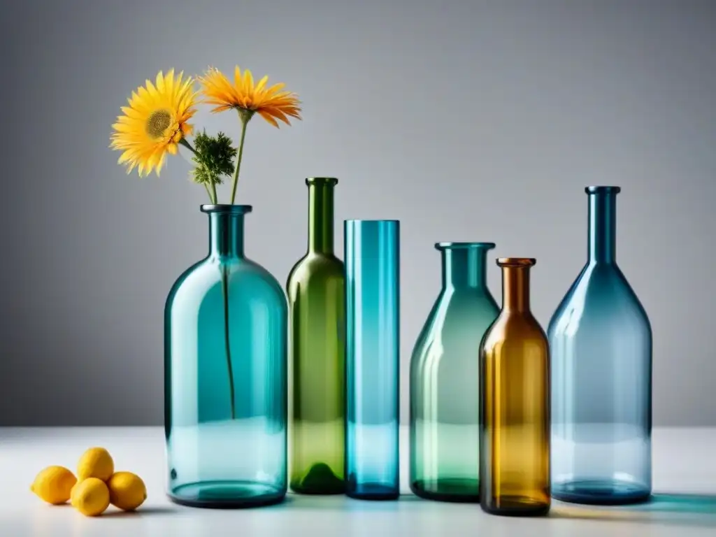 Arreglo de botellas de vidrio transformadas en jarrones elegantes con upcycling para un estilo sostenible