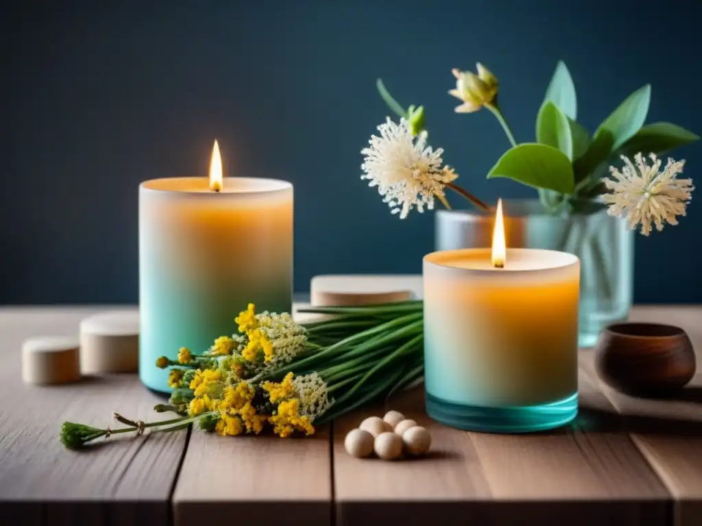 Arreglo eco de velas y ambientadores naturales: cera de soja, aceites esenciales, flores secas y mechas de madera en mesa de madera moderna