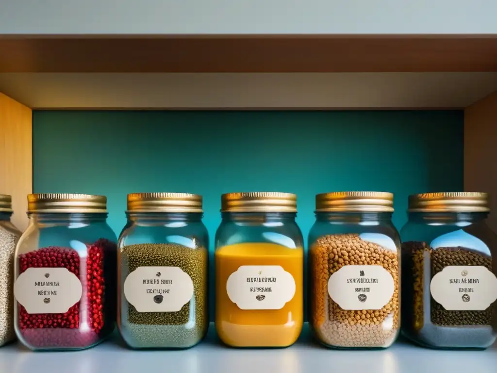 Arreglo elegante de frascos de vidrio con alimentos a granel coloridos, capturando la esencia del estilo de vida zero waste