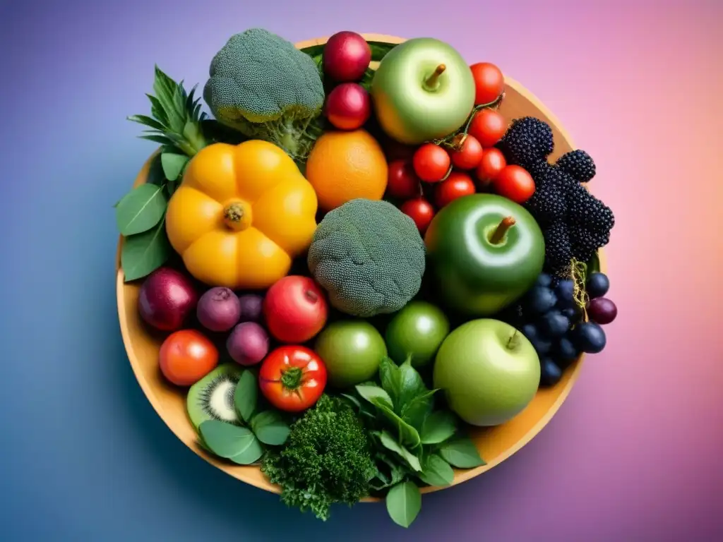 Arreglo circular de frutas y verduras, simbolizando la diversidad de minerales y vitaminas en veganismo