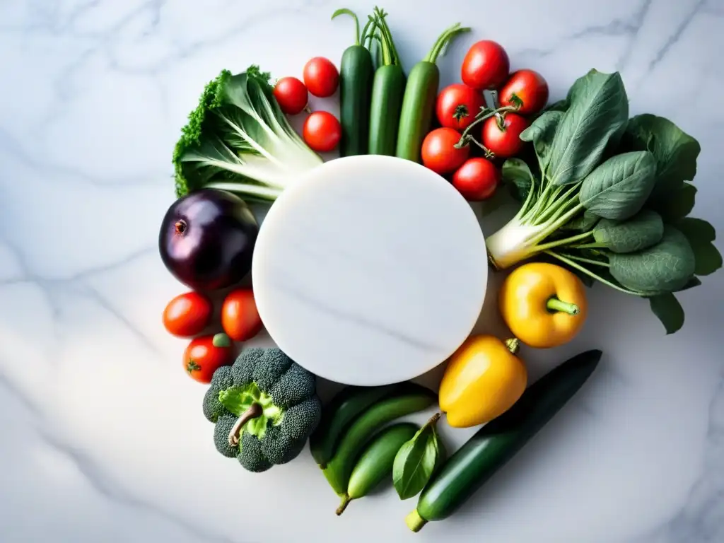 Arreglo circular de frutas y verduras frescas sobre mármol blanco