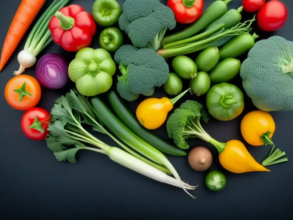 Arreglo vibrante de vegetales coloridos en fondo negro resalta importancia proteína vegetal dieta