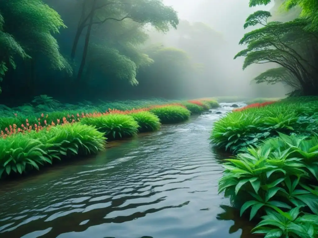 Un arroyo cristalino fluyendo en un bosque verde exuberante, reflejando la luz del sol