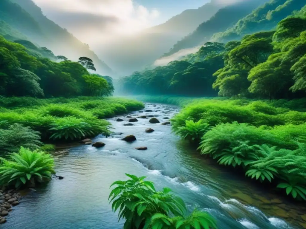 Un arroyo de montaña cristalino serpenteando entre un bosque verde exuberante, con la luz del sol creando patrones en el agua